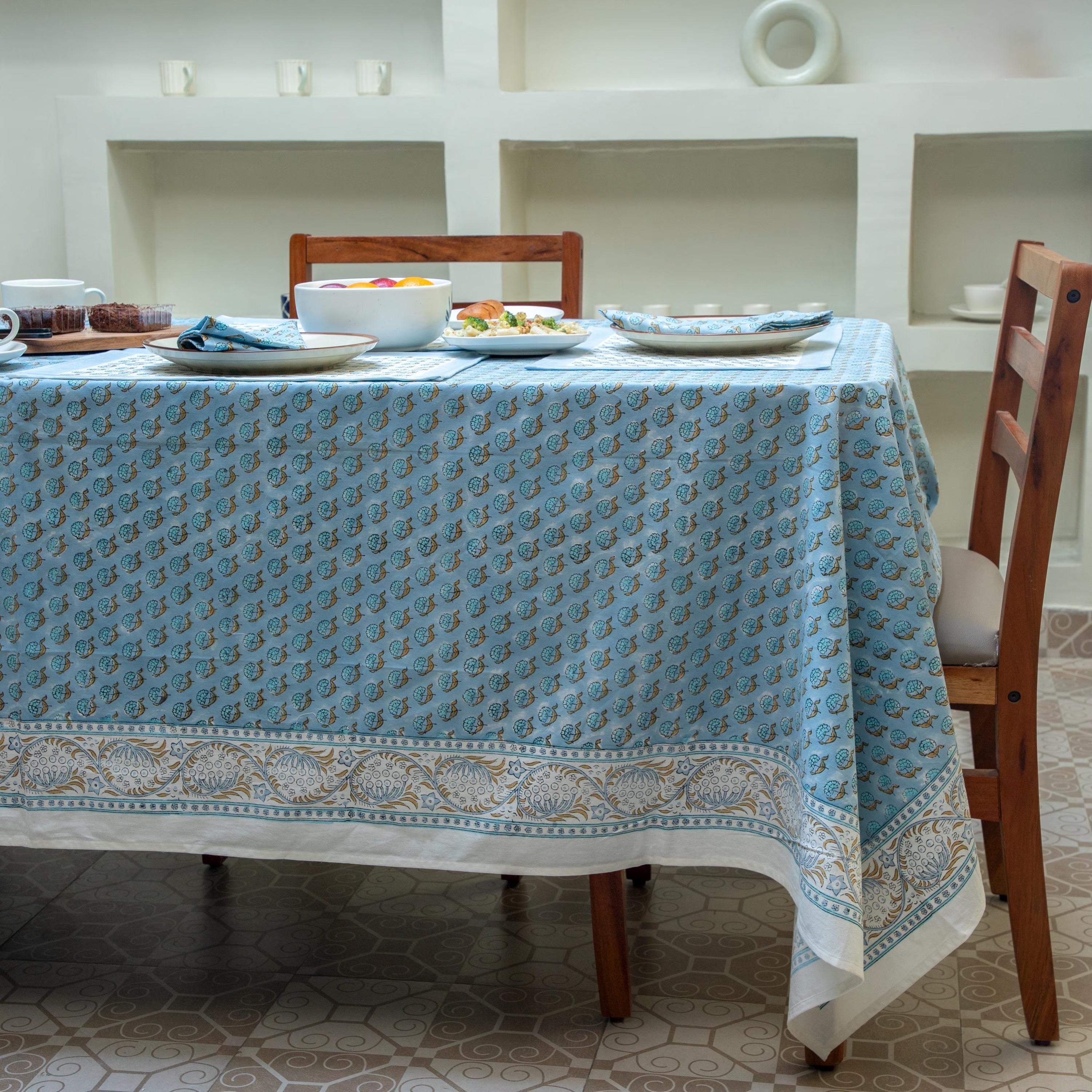 Blue Buti Hand Block Technique Printed Tablecloth | Square Table Linen | Exclusive Party Decor Table Cover | Blue & White Table Cover