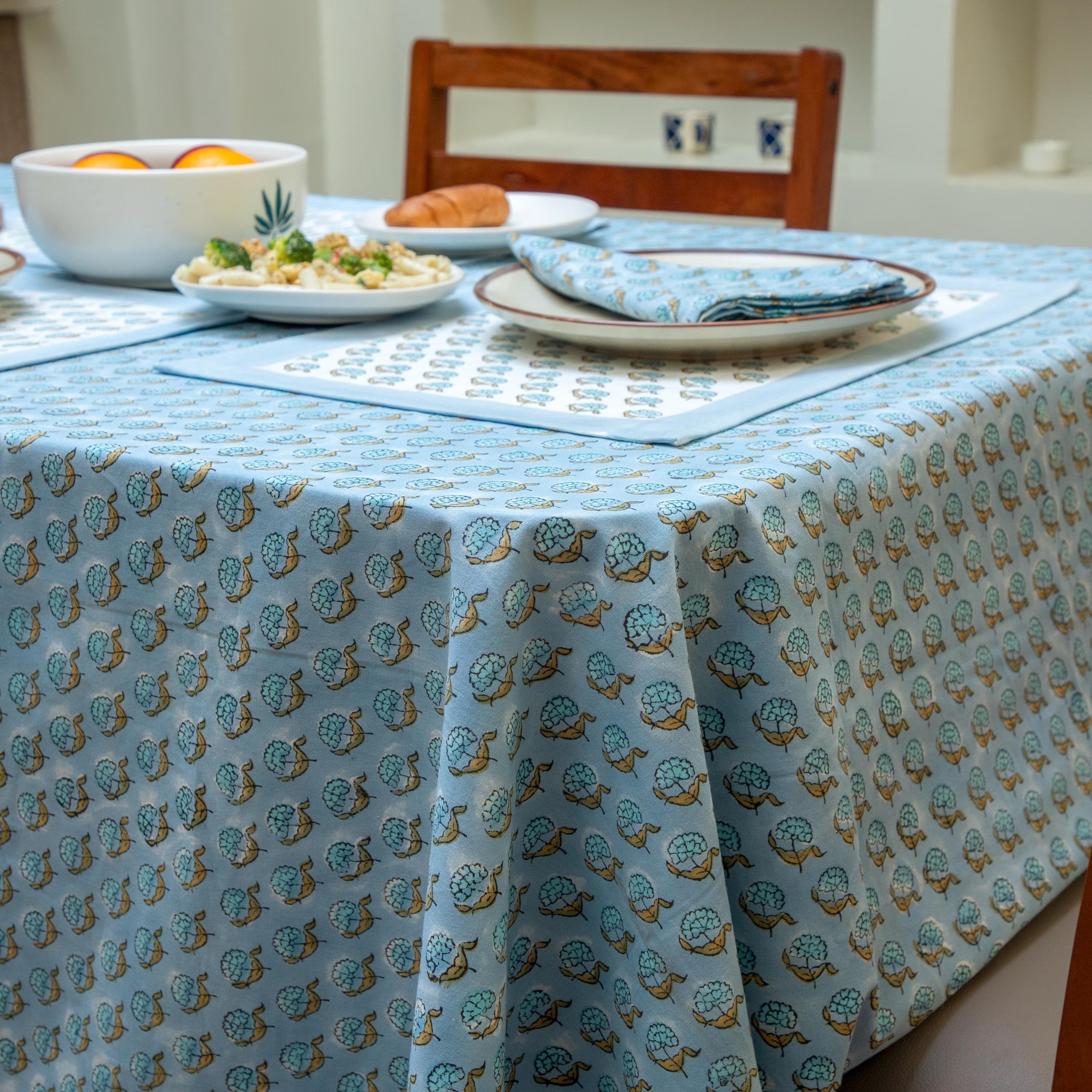 Blue Buti Hand Block Technique Printed Tablecloth | Square Table Linen | Exclusive Party Decor Table Cover | Blue & White Table Cover