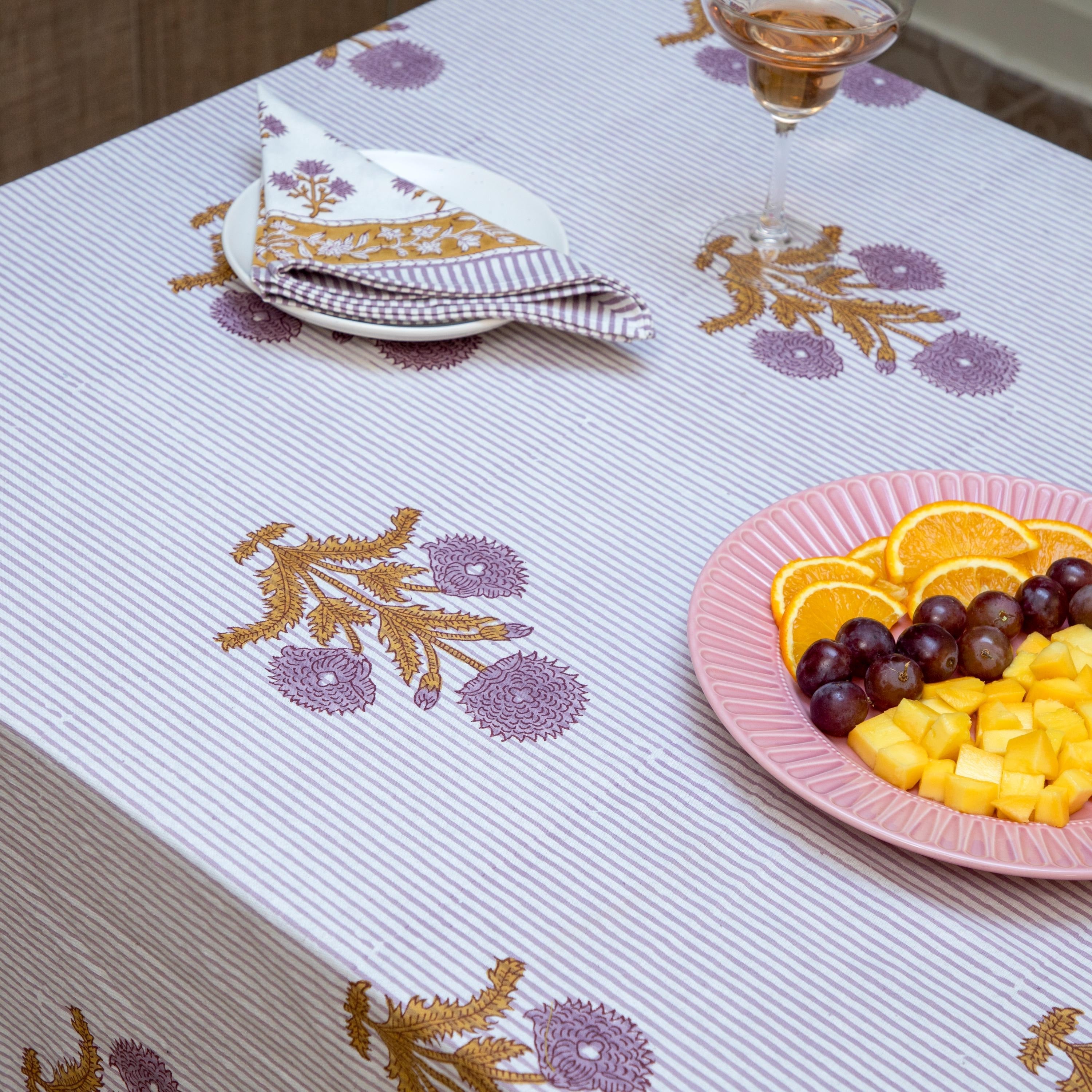 Mustard & Lavender Tablecloth on Sale, Floral Cotton Table Cover, Table Cloth Runner Mats Napkins Set ,Jaipur Tablecloth, Floral Table Linen