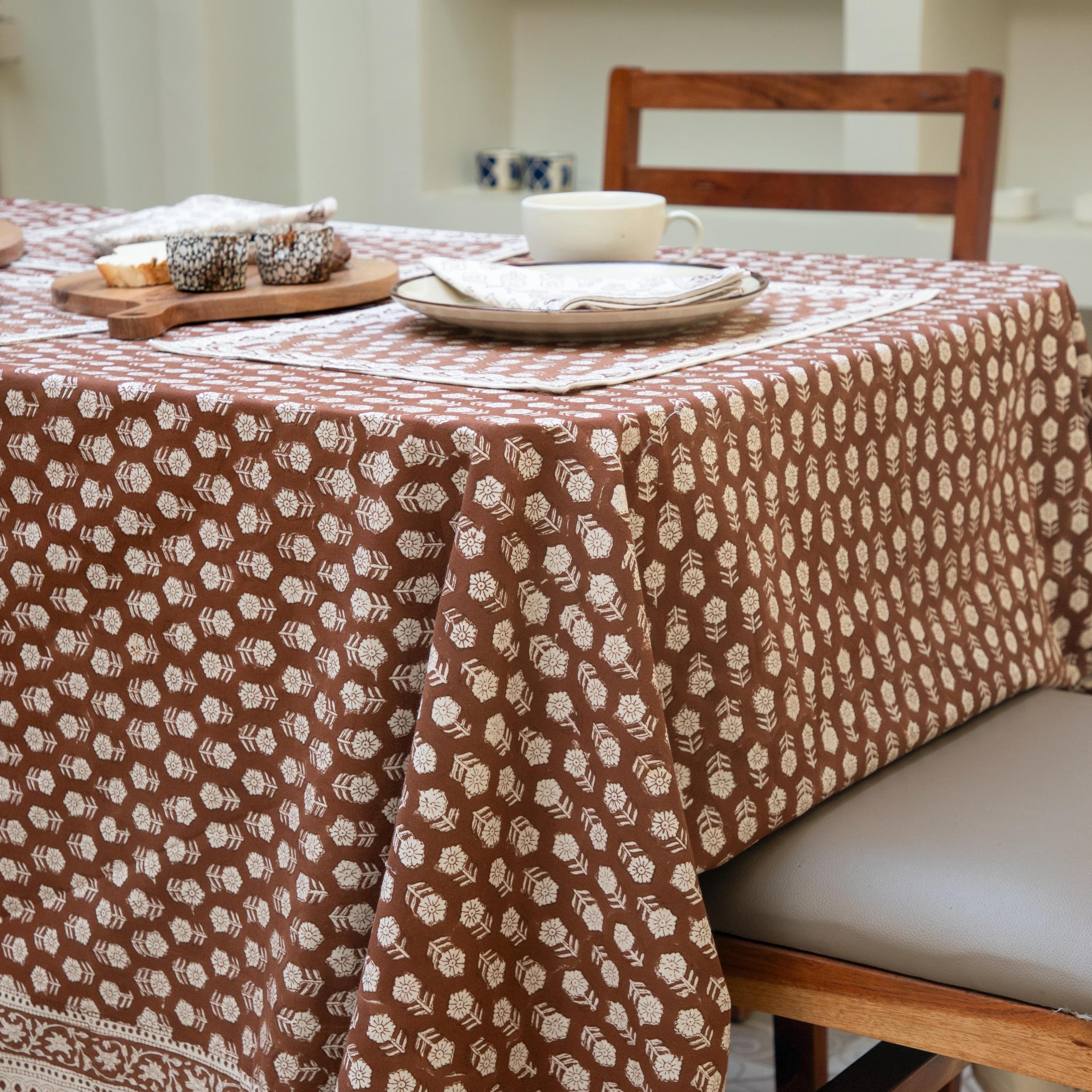 Brown Indian Block Print Tablecloth, Table Cloth Runner Mats Napkins, Floral Table Linen, Rectangle Table Cloth, Dining table decor