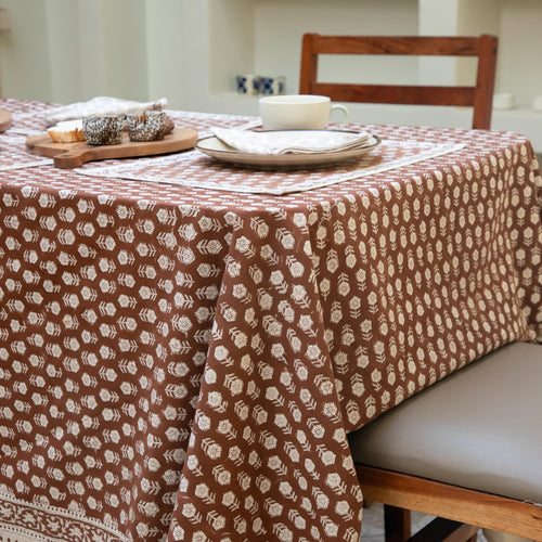 Brown Indian Block Print Tablecloth, Table Cloth Runner Mats Napkins, Floral Table Linen, Rectangle Table Cloth, Dining table decor