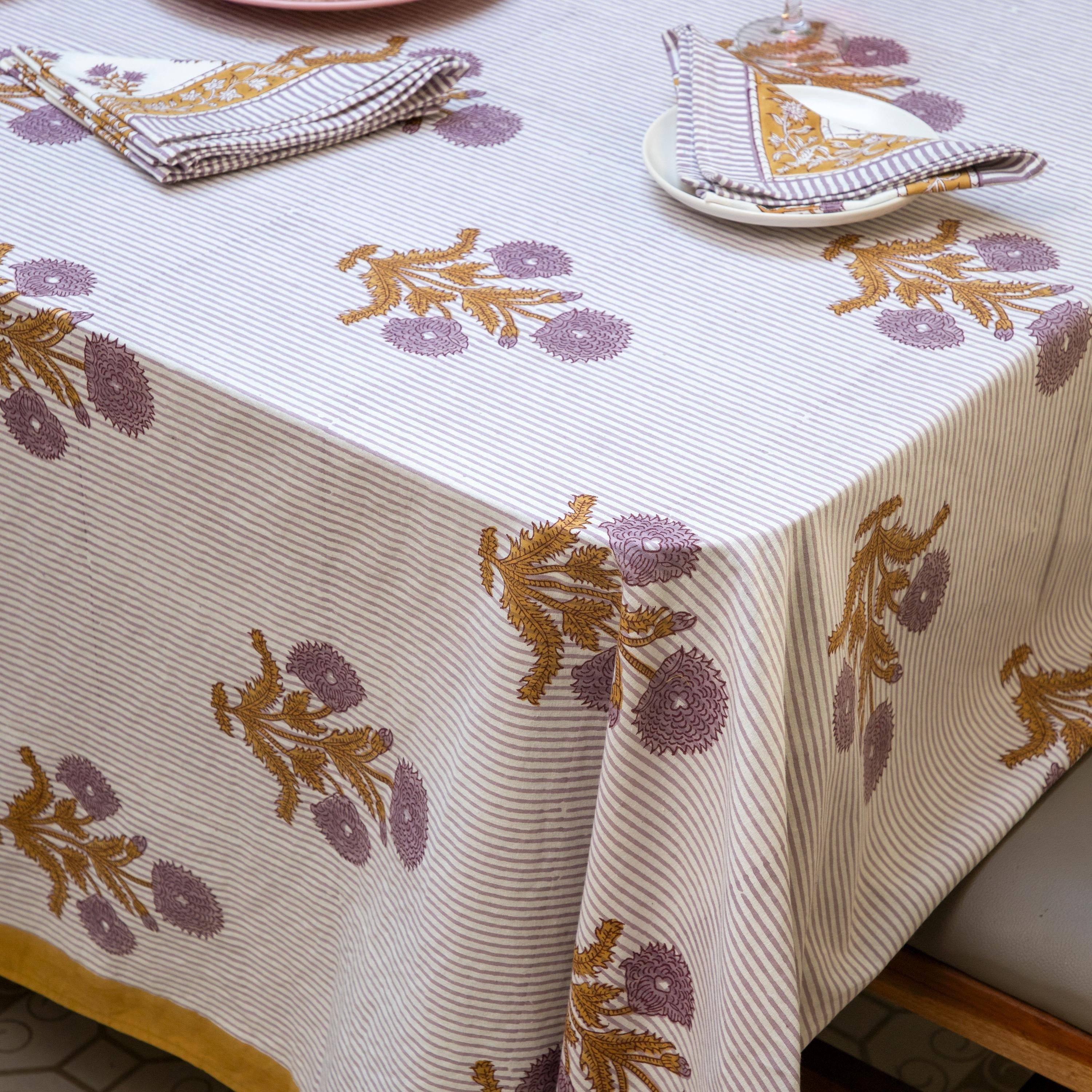 Mustard & Lavender Tablecloth on Sale, Floral Cotton Table Cover, Table Cloth Runner Mats Napkins Set ,Jaipur Tablecloth, Floral Table Linen