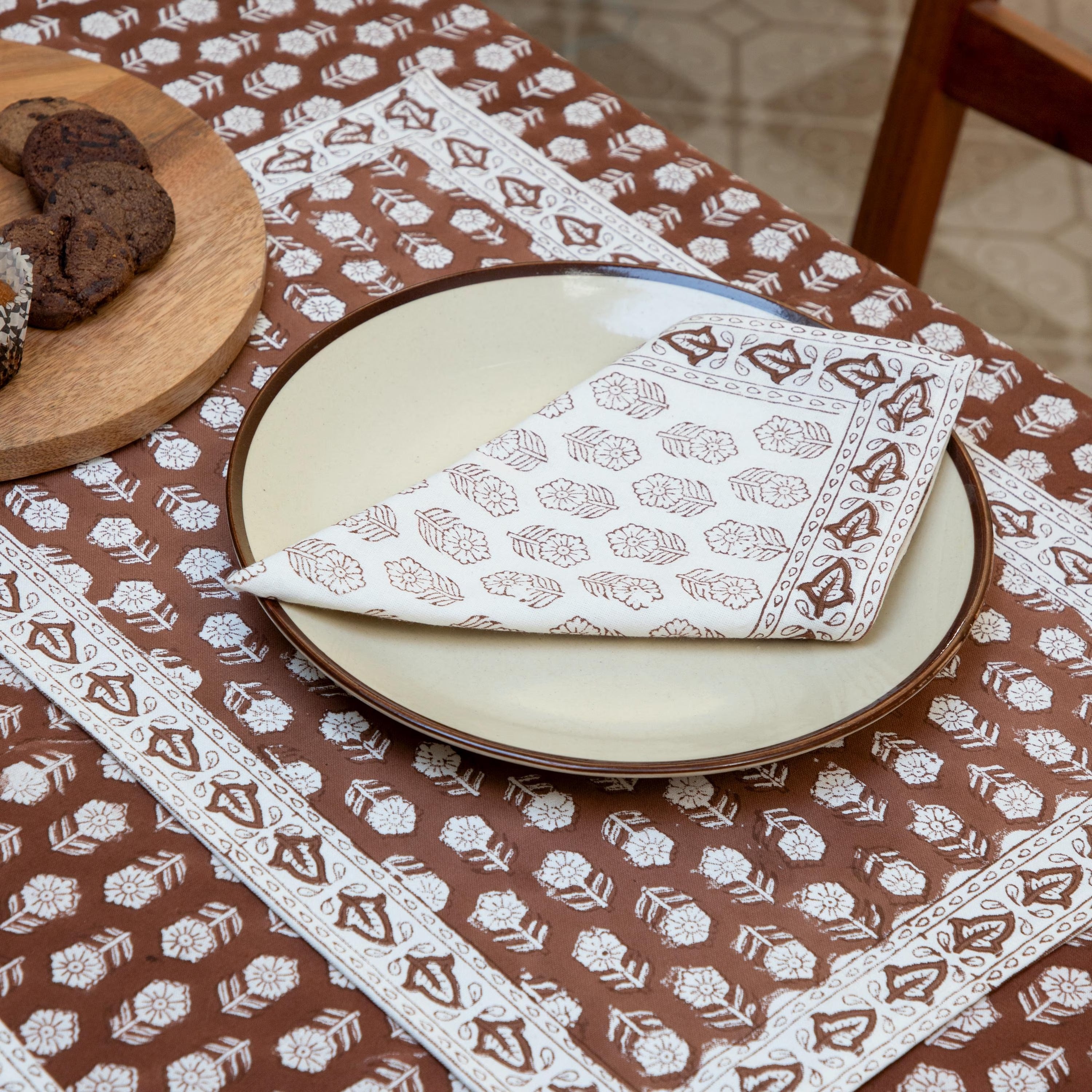 Brown Indian Block Print Tablecloth, Table Cloth Runner Mats Napkins, Floral Table Linen, Rectangle Table Cloth, Dining table decor