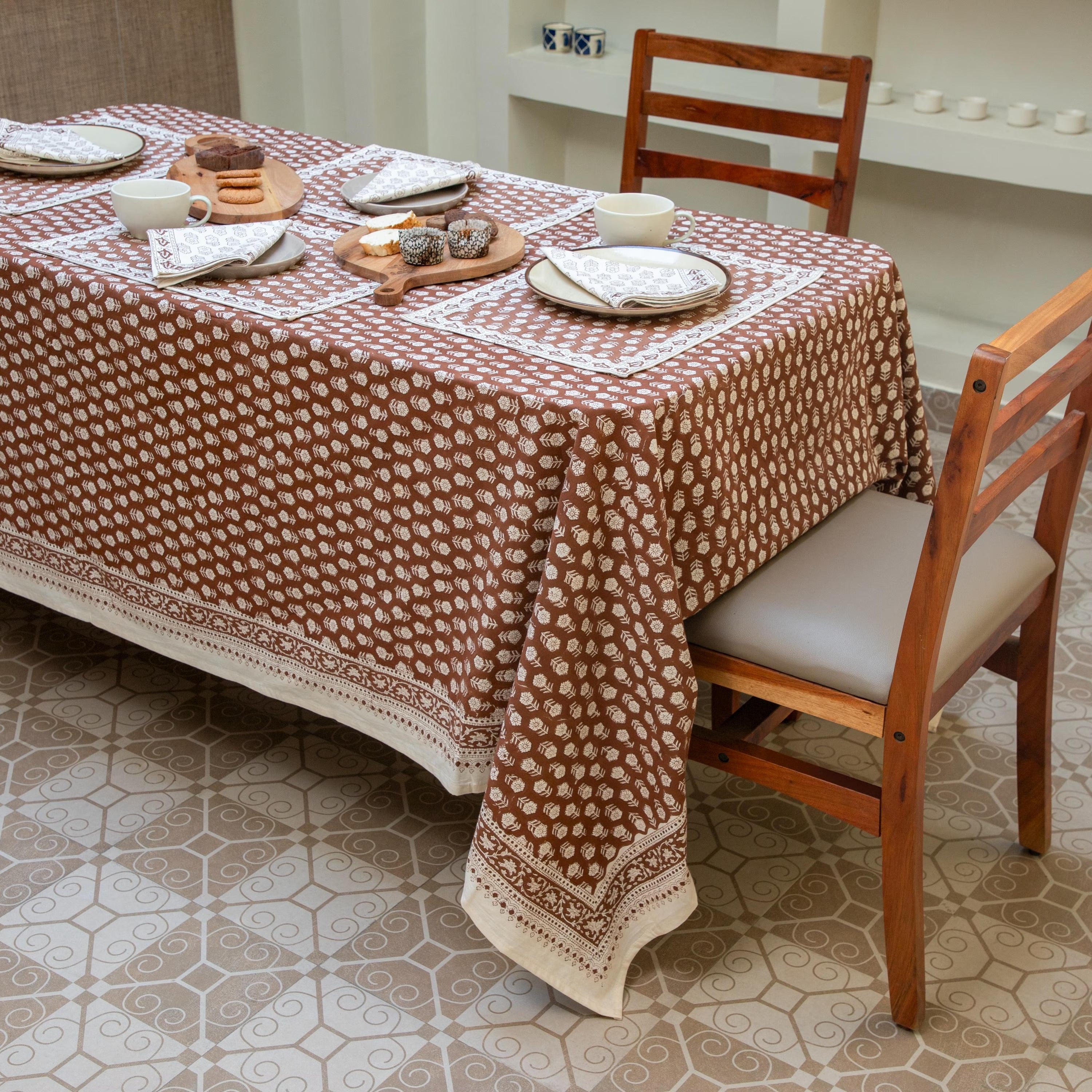 Brown Indian Block Print Tablecloth, Table Cloth Runner Mats Napkins, Floral Table Linen, Rectangle Table Cloth, Dining table decor