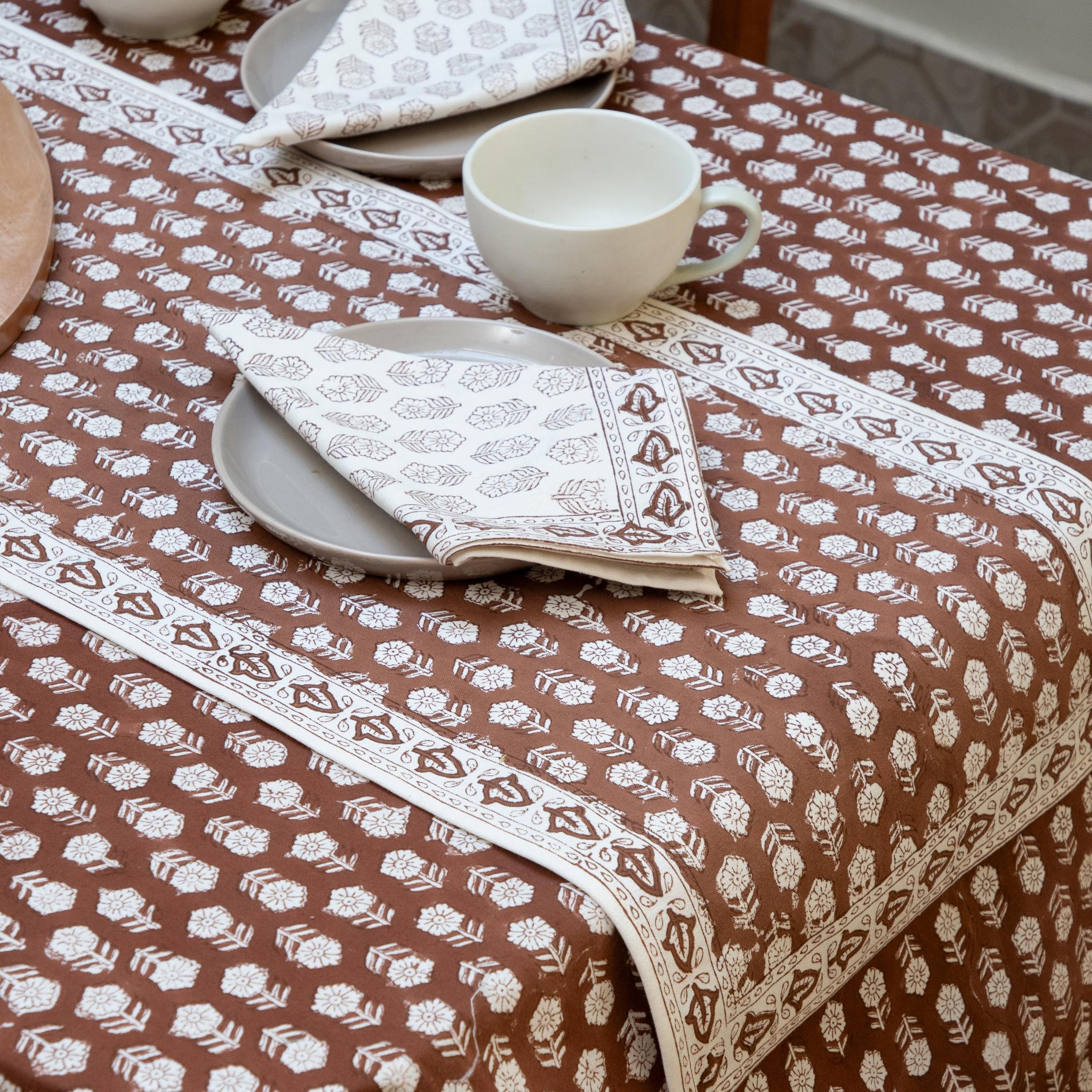 Brown Indian Block Print Tablecloth, Table Cloth Runner Mats Napkins, Floral Table Linen, Rectangle Table Cloth, Dining table decor