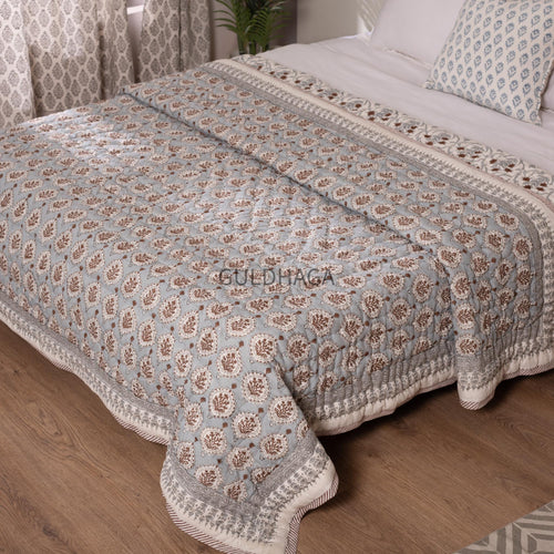 Block Print Cotton Quilt, Blue Gray Mustard Floral Cotton Bedding, Handmade Indian Boho Quilt, Reversible Bedspread for Twin Queen King Beds