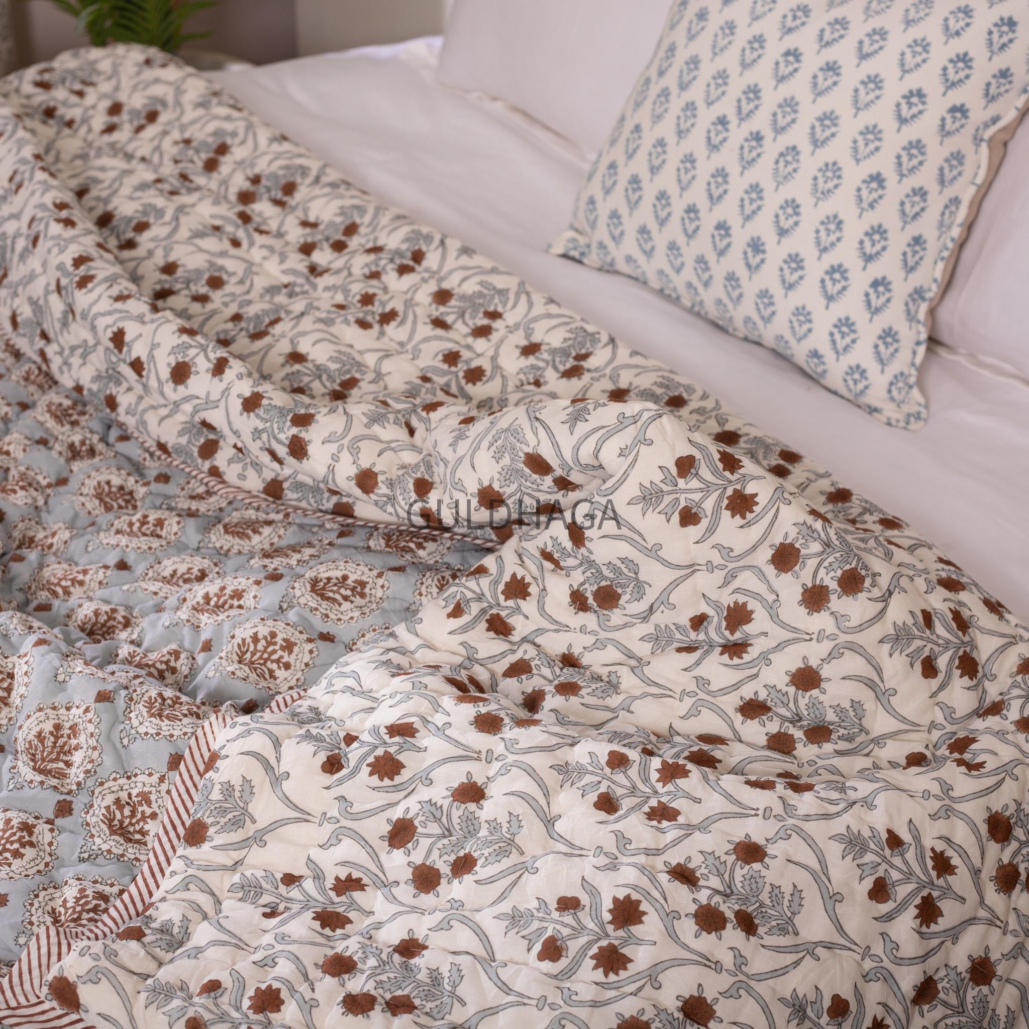 Block Print Cotton Quilt, Blue Gray Mustard Floral Cotton Bedding, Handmade Indian Boho Quilt, Reversible Bedspread for Twin Queen King Beds