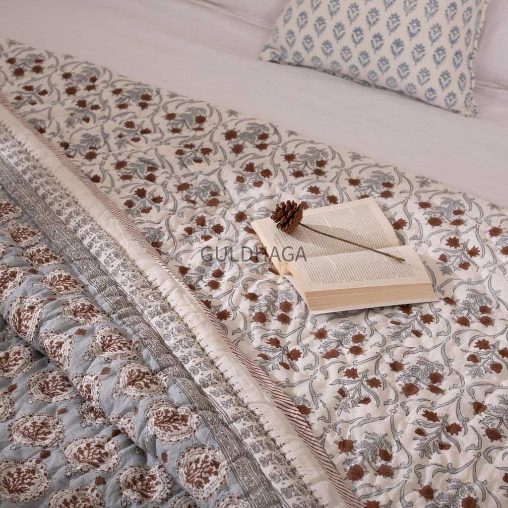Block Print Cotton Quilt, Blue Gray Mustard Floral Cotton Bedding, Handmade Indian Boho Quilt, Reversible Bedspread for Twin Queen King Beds