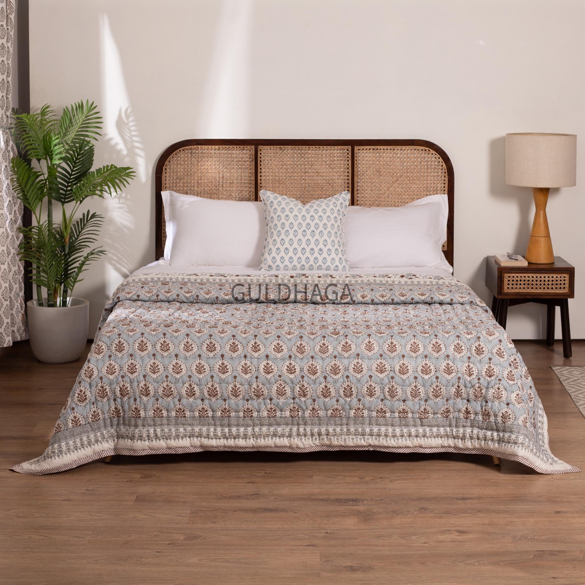 Block Print Cotton Quilt, Blue Gray Mustard Floral Cotton Bedding, Handmade Indian Boho Quilt, Reversible Bedspread for Twin Queen King Beds