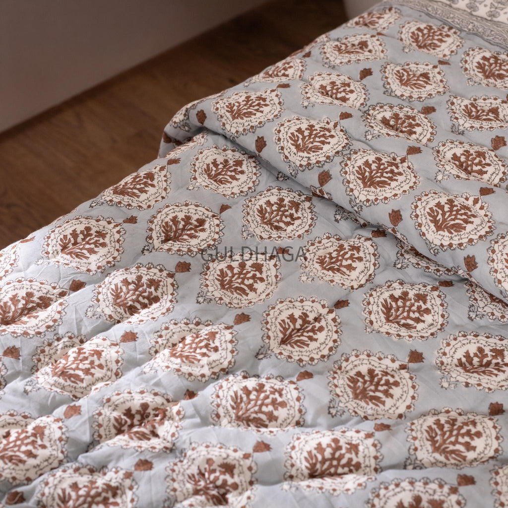 Block Print Cotton Quilt, Blue Gray Mustard Floral Cotton Bedding, Handmade Indian Boho Quilt, Reversible Bedspread for Twin Queen King Beds