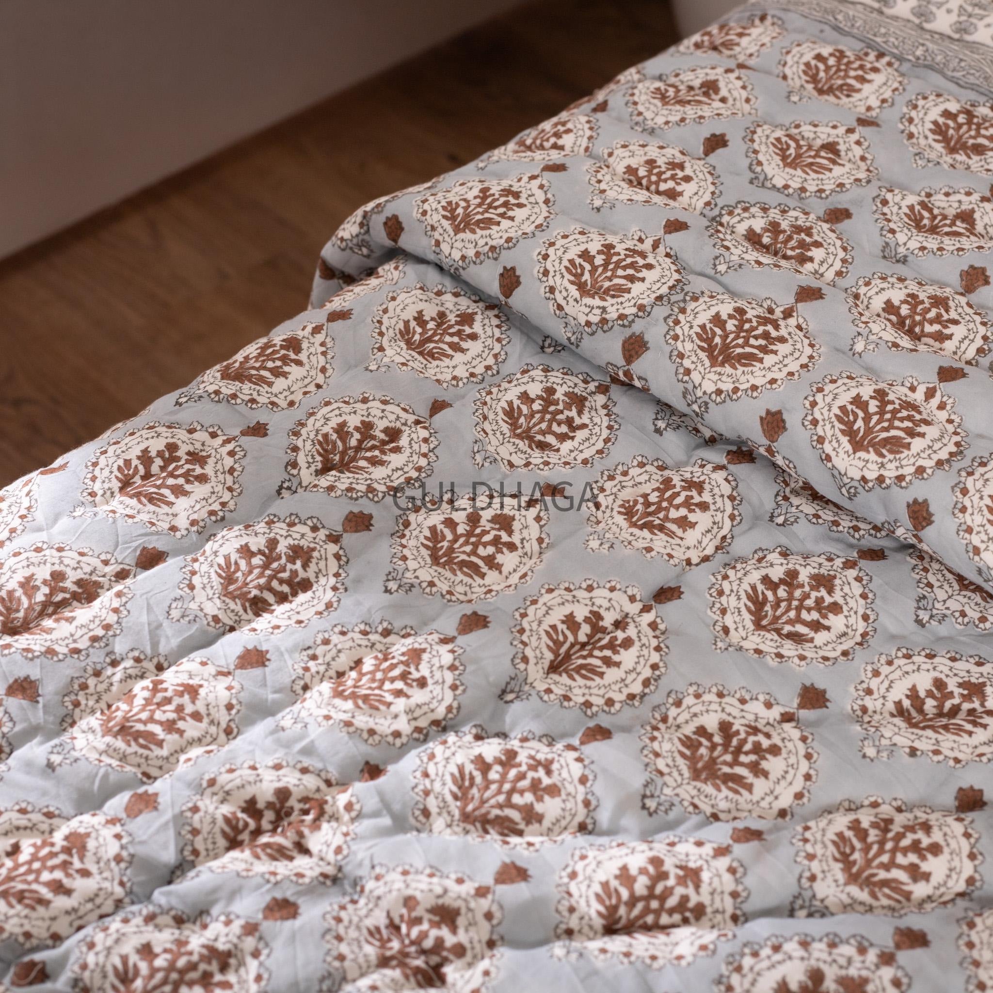 Block Print Cotton Quilt, Blue Gray Mustard Floral Cotton Bedding, Handmade Indian Boho Quilt, Reversible Bedspread for Twin Queen King Beds