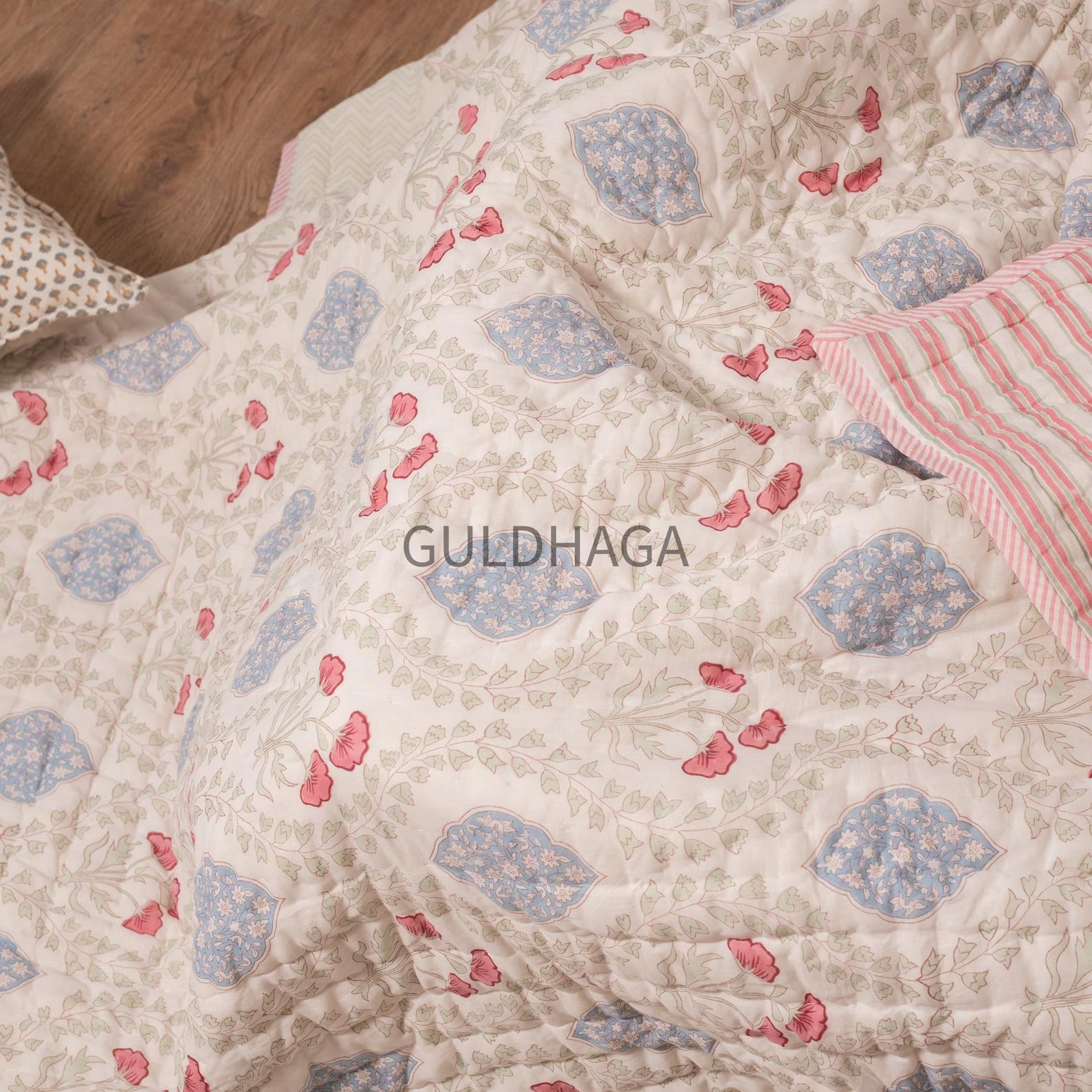 Ivory with blue floral block printed quilt, cotton comforter for couch, queen size reversible bedspread, boho bedding, cotton coverlet