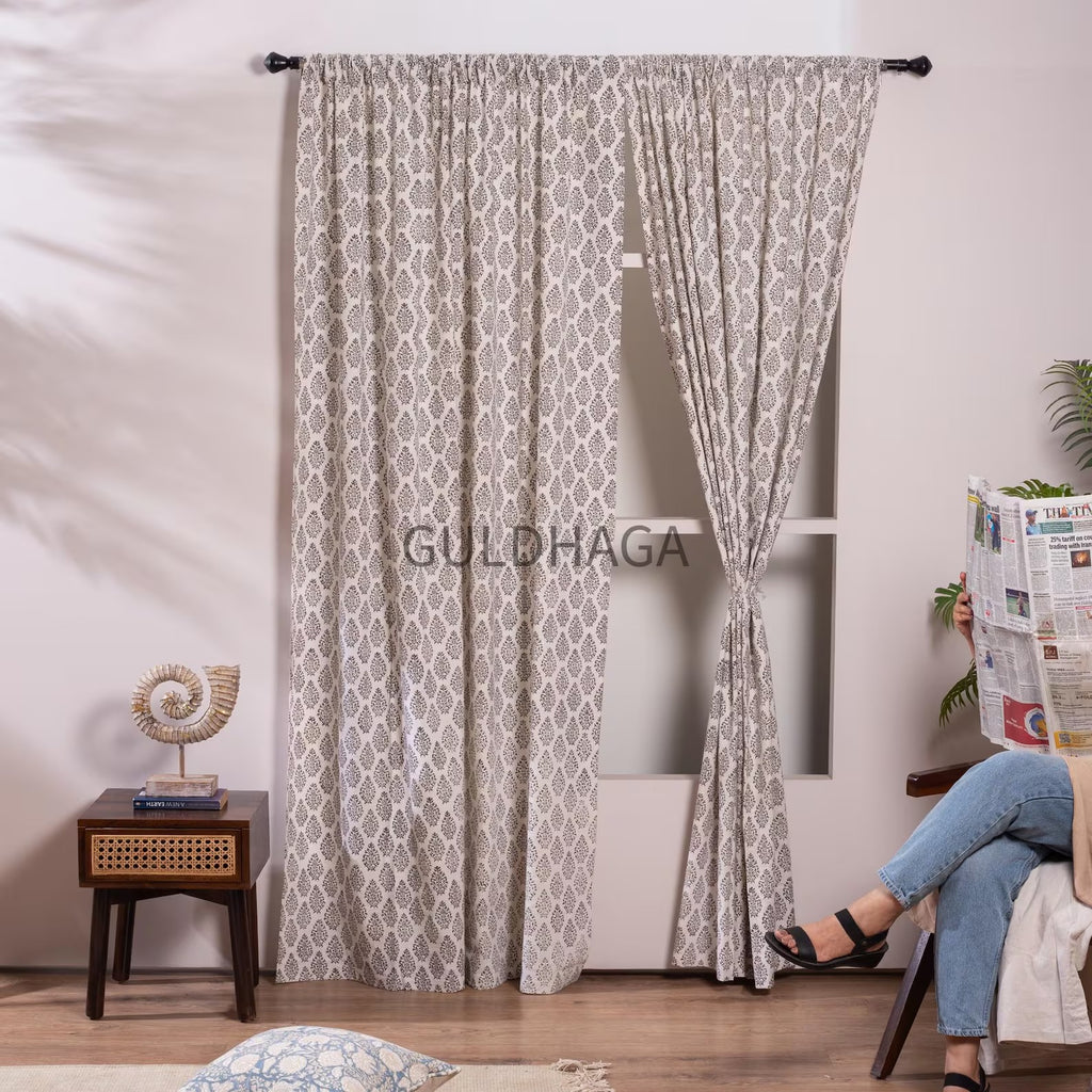Gray Hand Block Print Cotton chambray Curtains, Floral Drapes for bedroom and living room, farmhouse curtains, semi sheer drapes