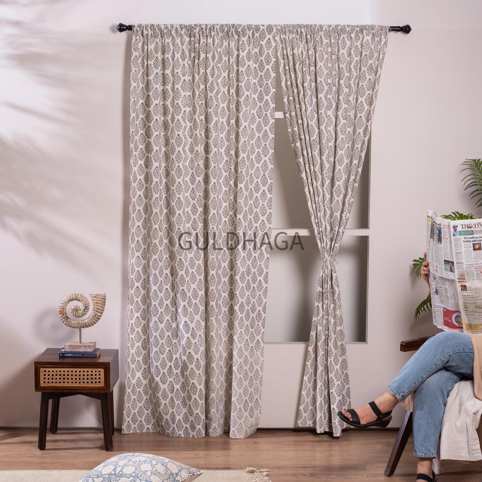 Gray Hand Block Print Cotton chambray Curtains, Floral Drapes for bedroom and living room, farmhouse curtains, semi sheer drapes