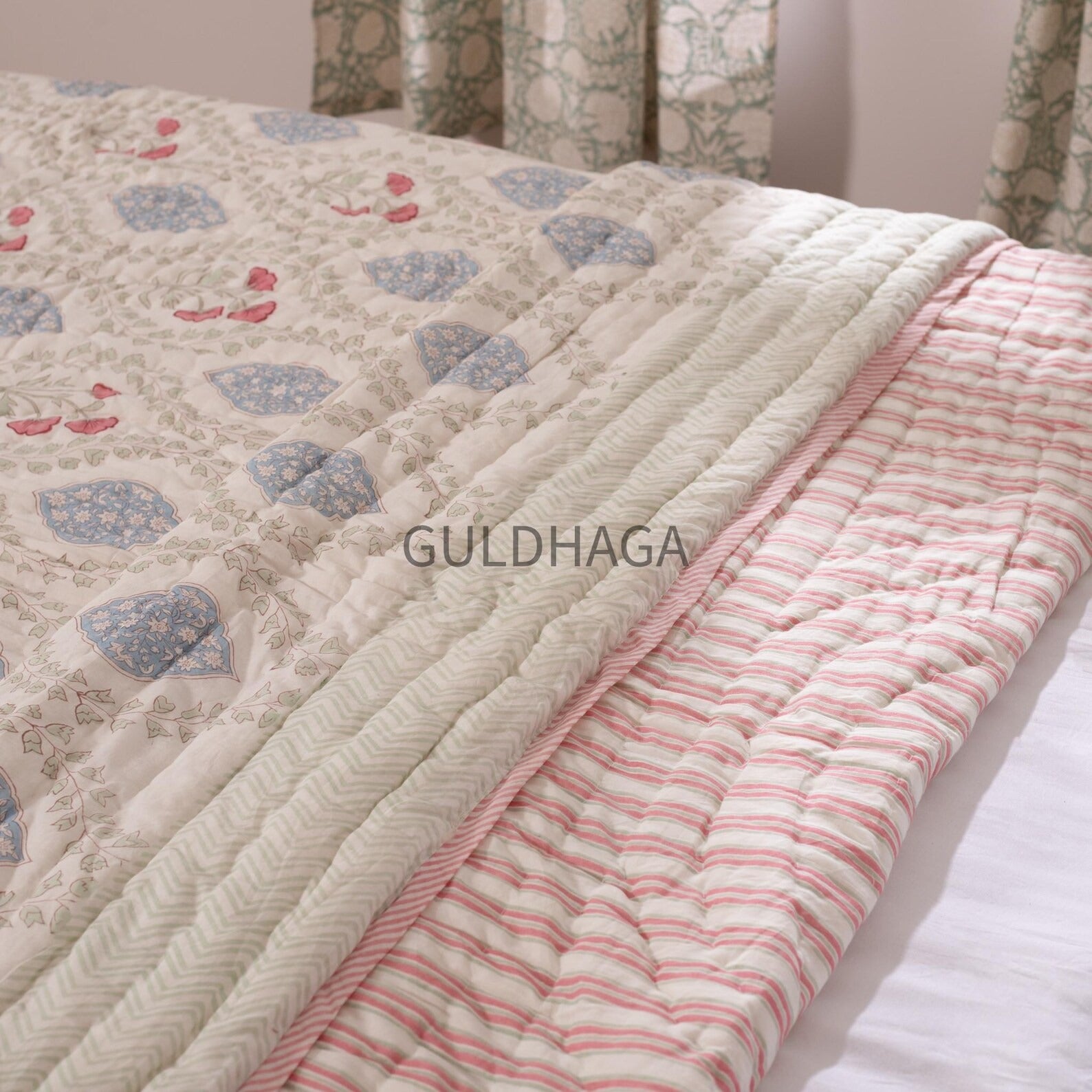 Ivory with blue floral block printed quilt, cotton comforter for couch, queen size reversible bedspread, boho bedding, cotton coverlet