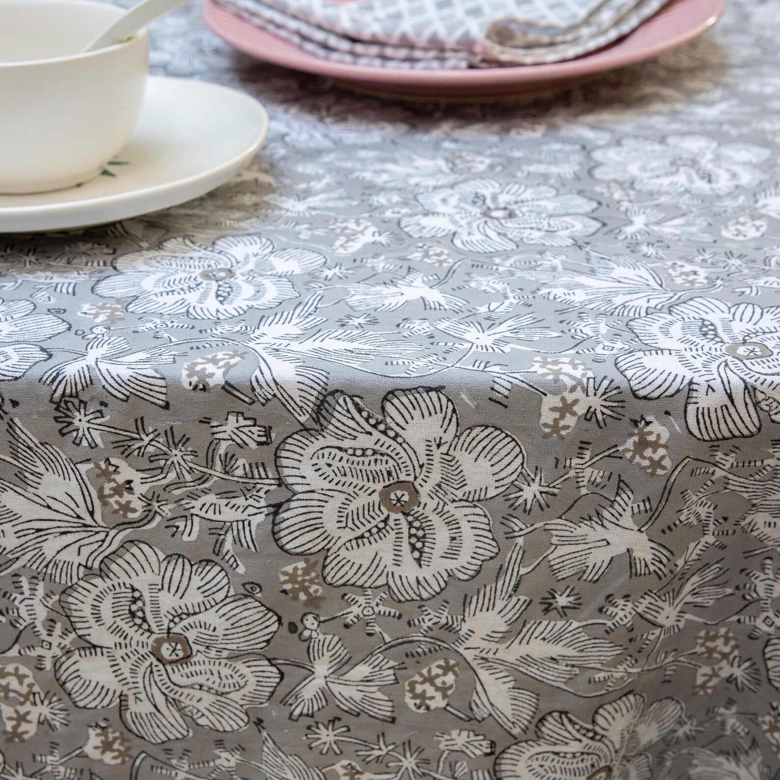 Grey Floral Block Print Tablecloth, Floral Cotton Table Cover, Table Runner Napkins Gift For Housewarming, Cloth for sale