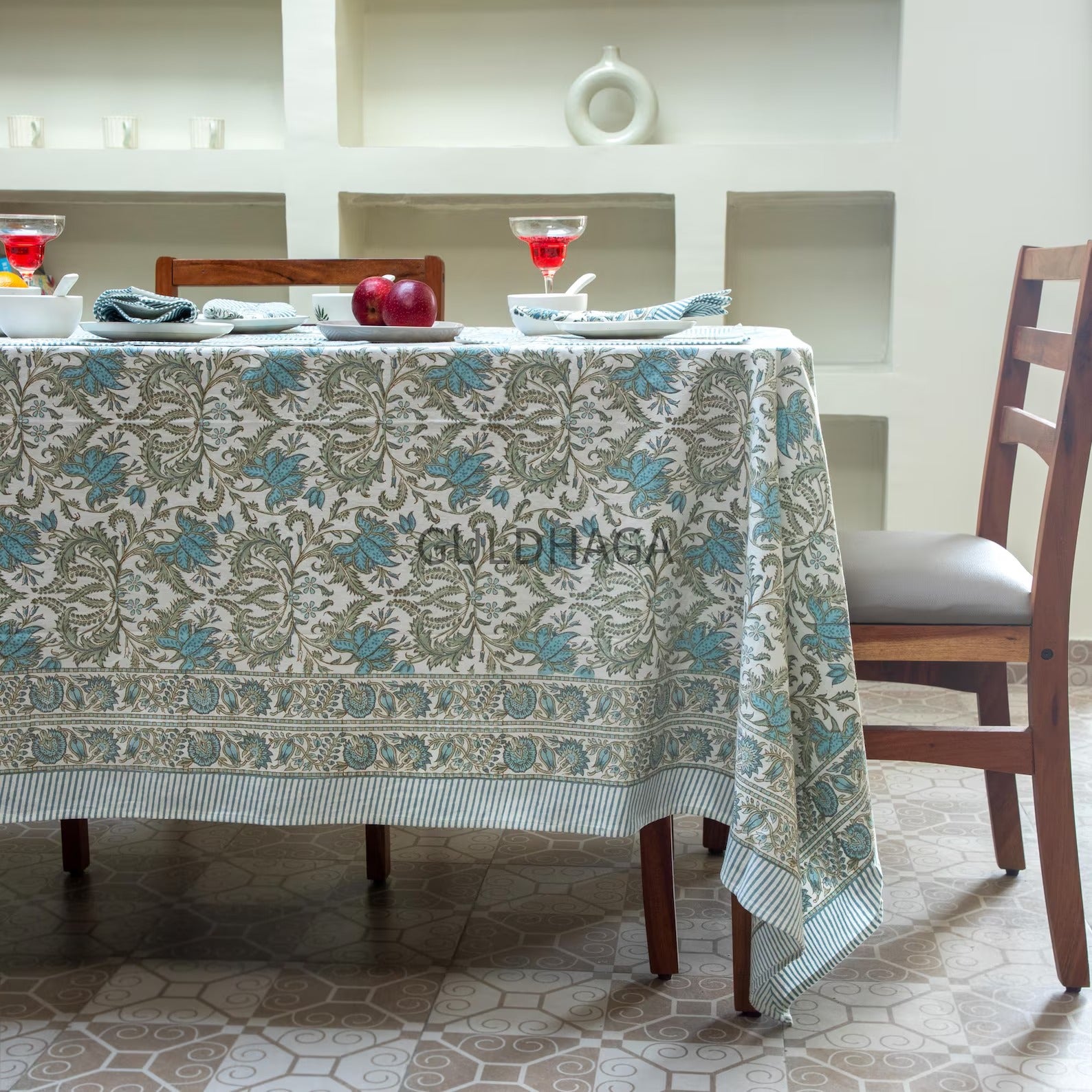 Blue Botanical Block Print Tablecloth, Handmade Indian Cotton Table Linen, Farmhouse Dining Decor, Table Runner & Napkins