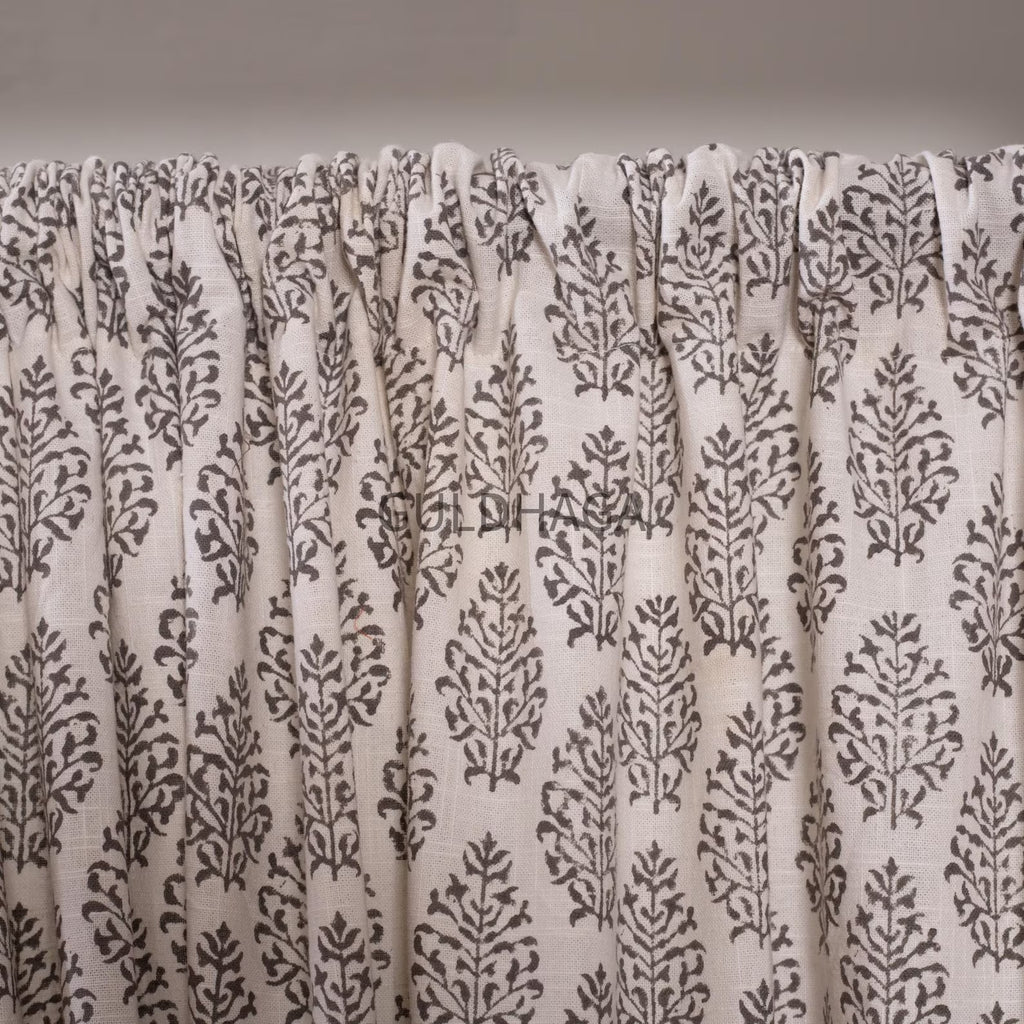 Gray Hand Block Print Cotton chambray Curtains, Floral Drapes for bedroom and living room, farmhouse curtains, semi sheer drapes