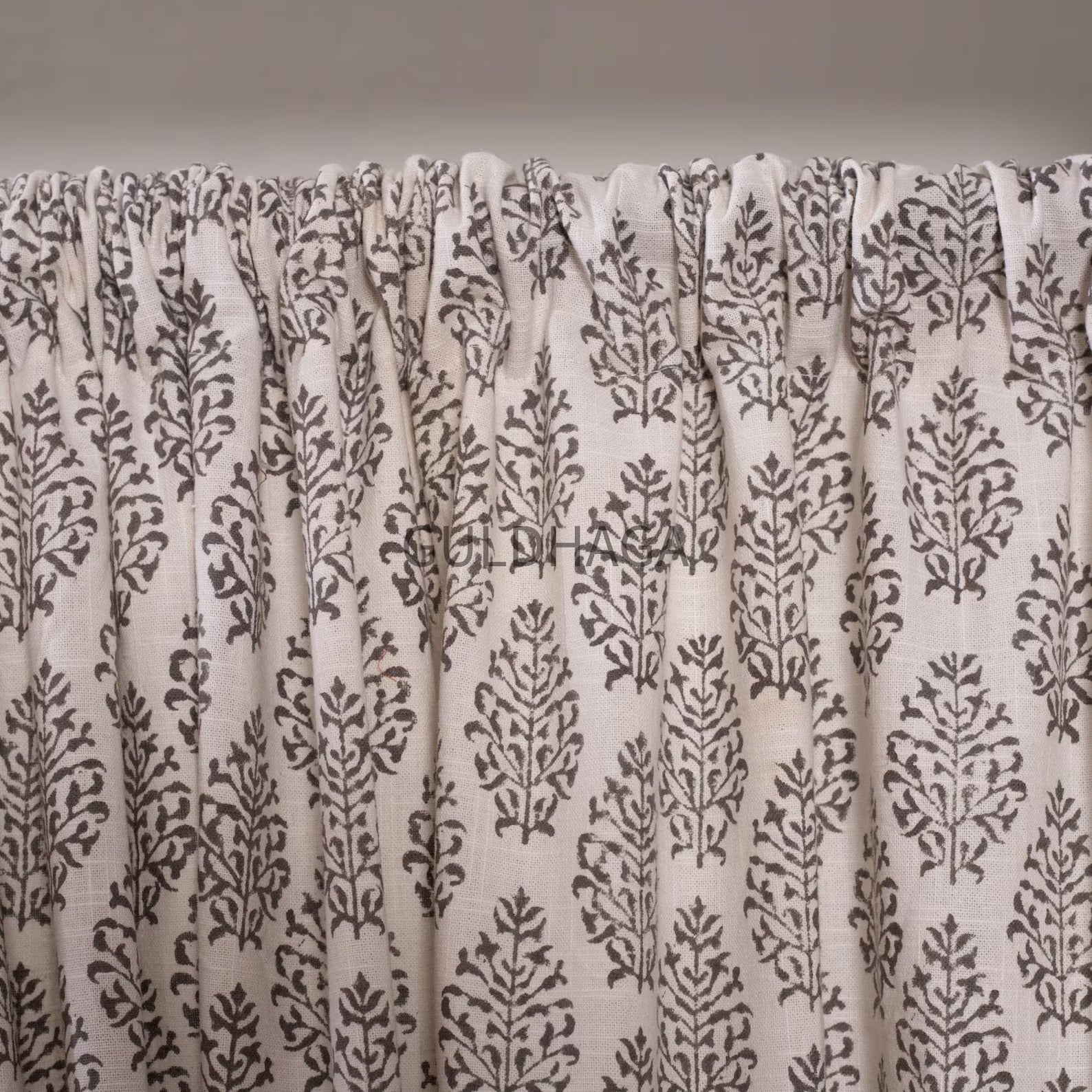 Gray Hand Block Print Cotton chambray Curtains, Floral Drapes for bedroom and living room, farmhouse curtains, semi sheer drapes