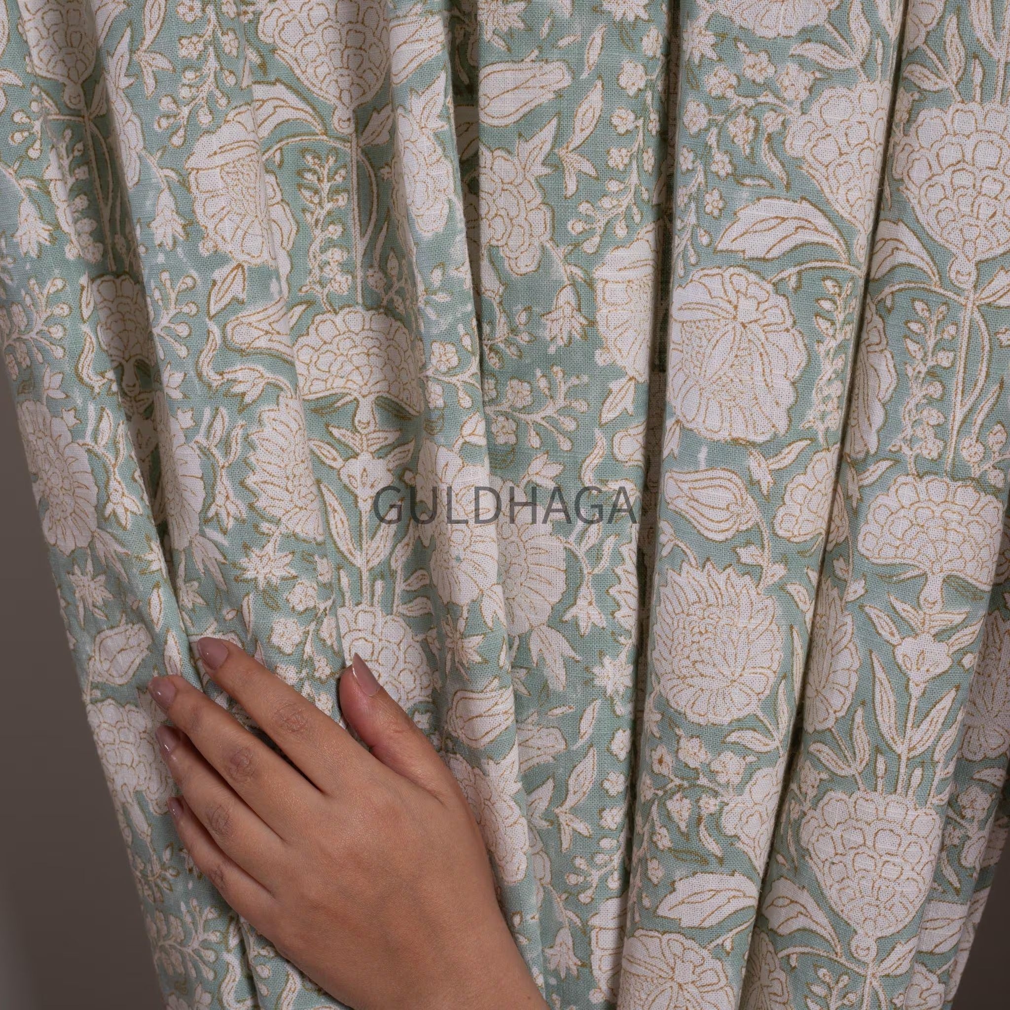 Sage Green Boho Floral Cotton Curtain Panels, Bohemian India Block Print Panel, Curtains for Living Room and Bedroom, Customize Size Curtain