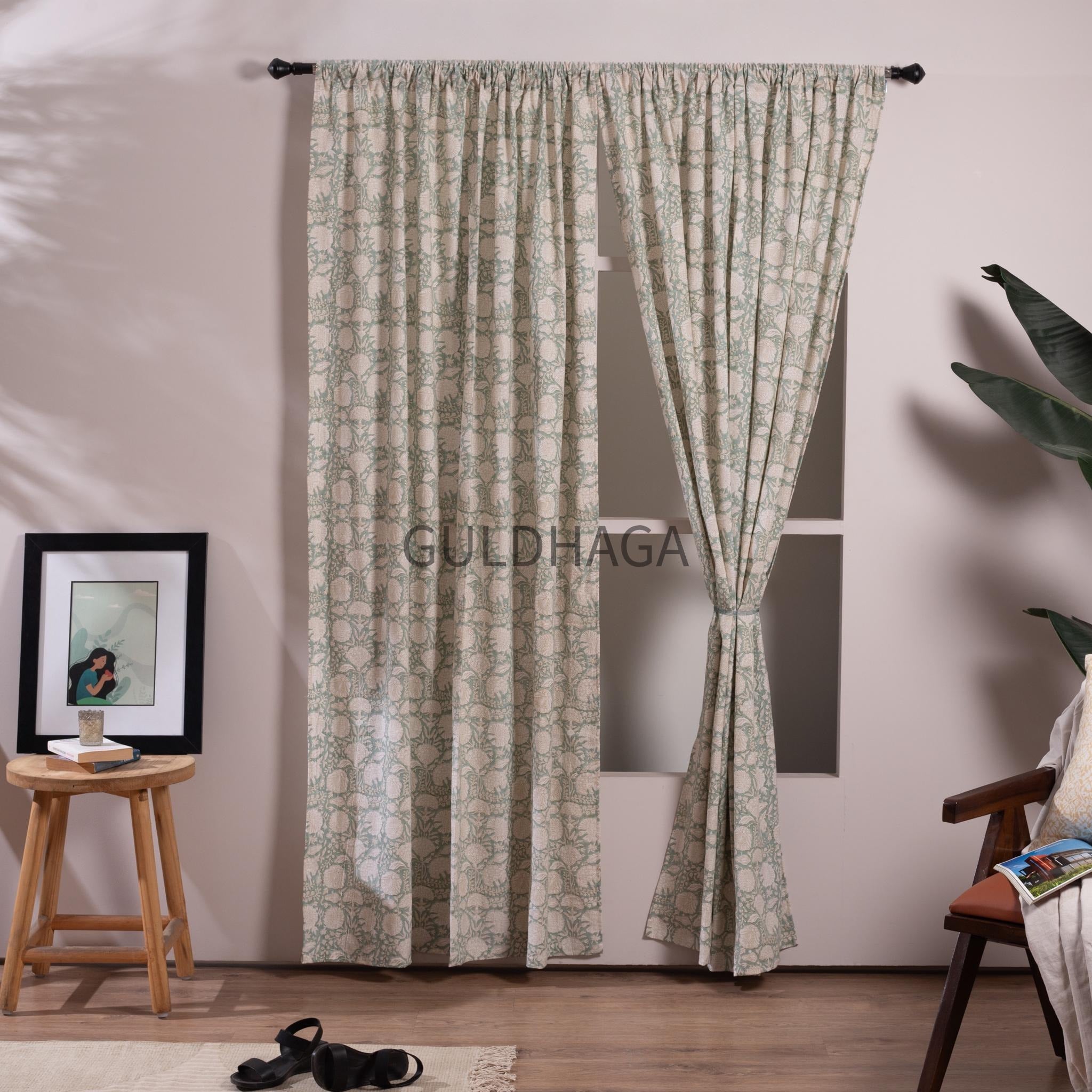 Sage Green Boho Floral Cotton Curtain Panels, Bohemian India Block Print Panel, Curtains for Living Room and Bedroom, Customize Size Curtain