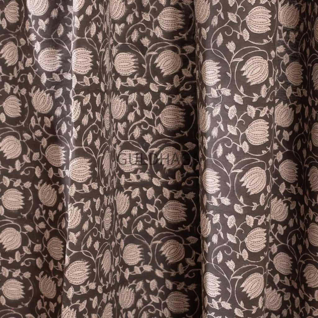 lotus charcoal gray cotton Curtain, Hand block printed Semi Blackout Bedroom Curtain, window treatment for living room, rod pocket curtains
