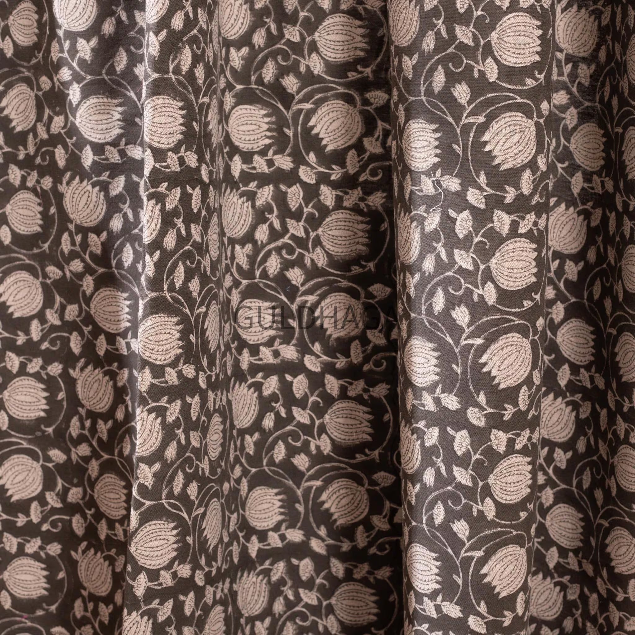lotus charcoal gray cotton Curtain, Hand block printed Semi Blackout Bedroom Curtain, window treatment for living room, rod pocket curtains