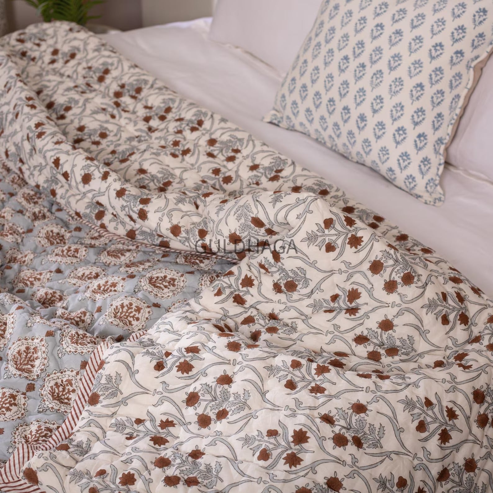 Block Print Cotton Quilt, Blue Gray Mustard Floral Cotton Bedding, Handmade Indian Boho Quilt, Reversible Bedspread for Twin Queen King Beds