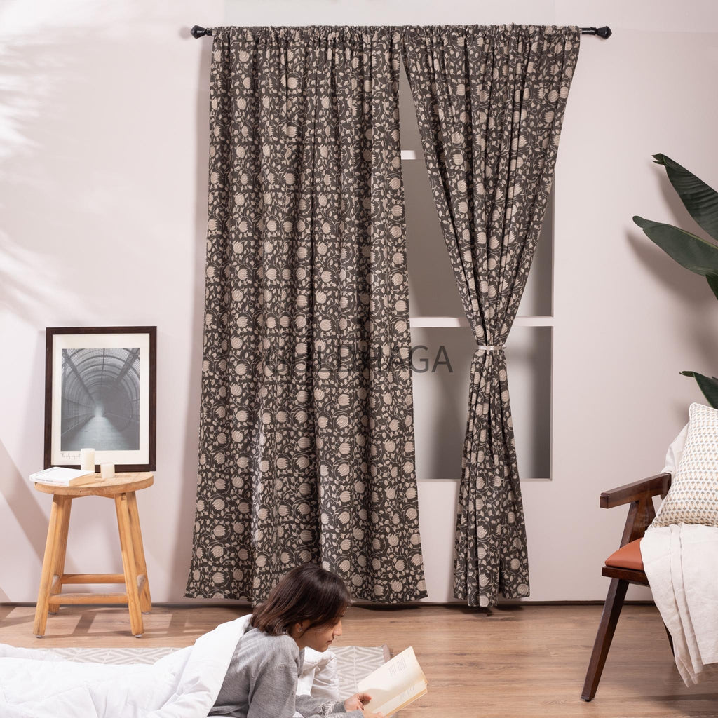 lotus charcoal gray cotton Curtain, Hand block printed Semi Blackout Bedroom Curtain, window treatment for living room, rod pocket curtains