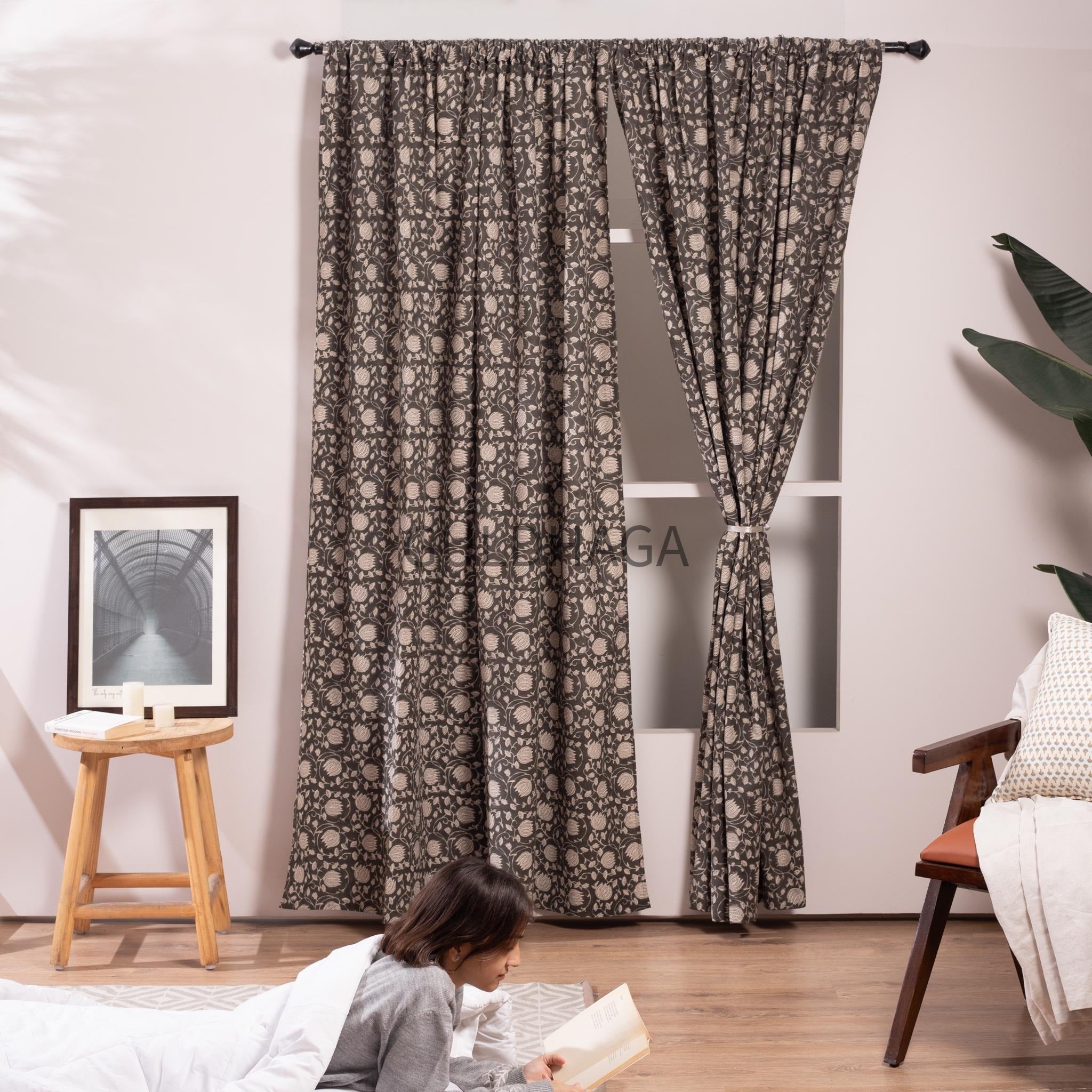 lotus charcoal gray cotton Curtain, Hand block printed Semi Blackout Bedroom Curtain, window treatment for living room, rod pocket curtains