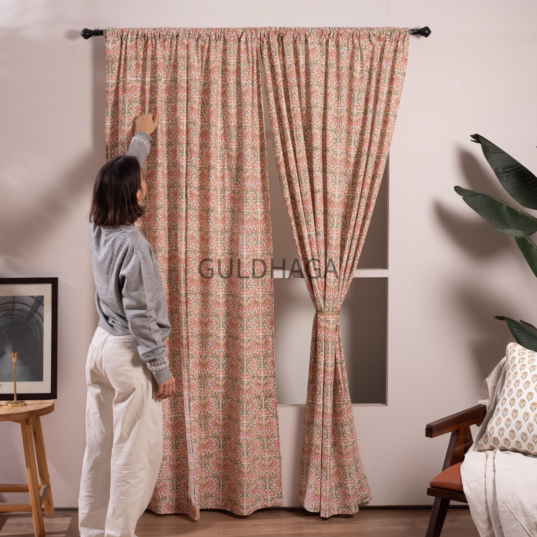 coral peach slub Curtain, Heavy Weight Hand block printed Semi Blackout Bedroom Curtain, Boho Curtains, window treatment, farmhouse curtain