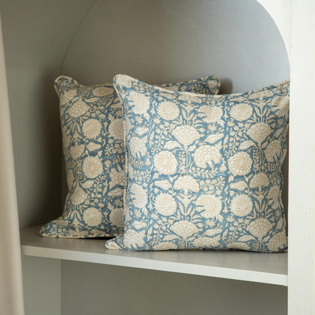 Floral Block Print Pillow Cover, Blue Terra Cotta Cotton, Boho Throw Pillow