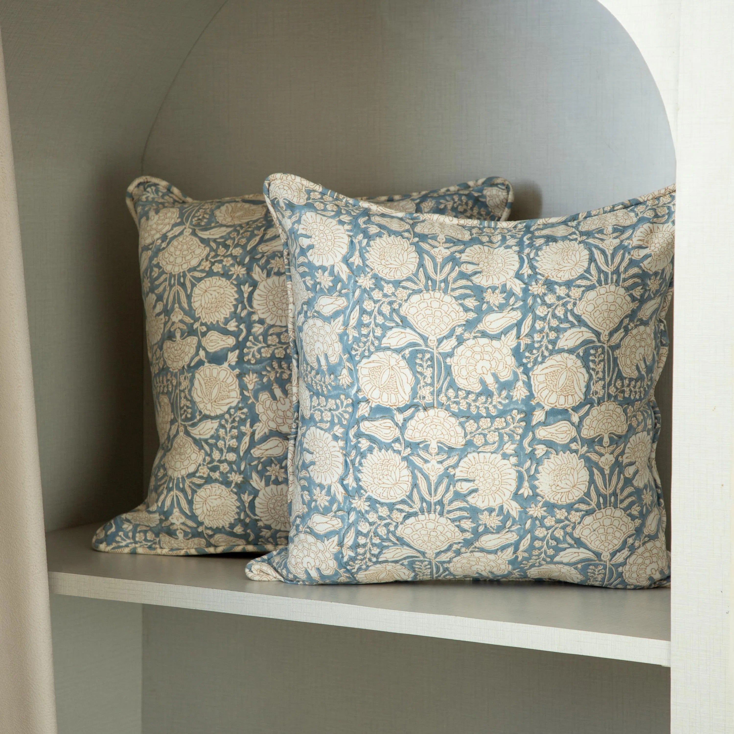 Floral Block Print Pillow Cover, Blue Terra Cotta Cotton, Boho Throw Pillow