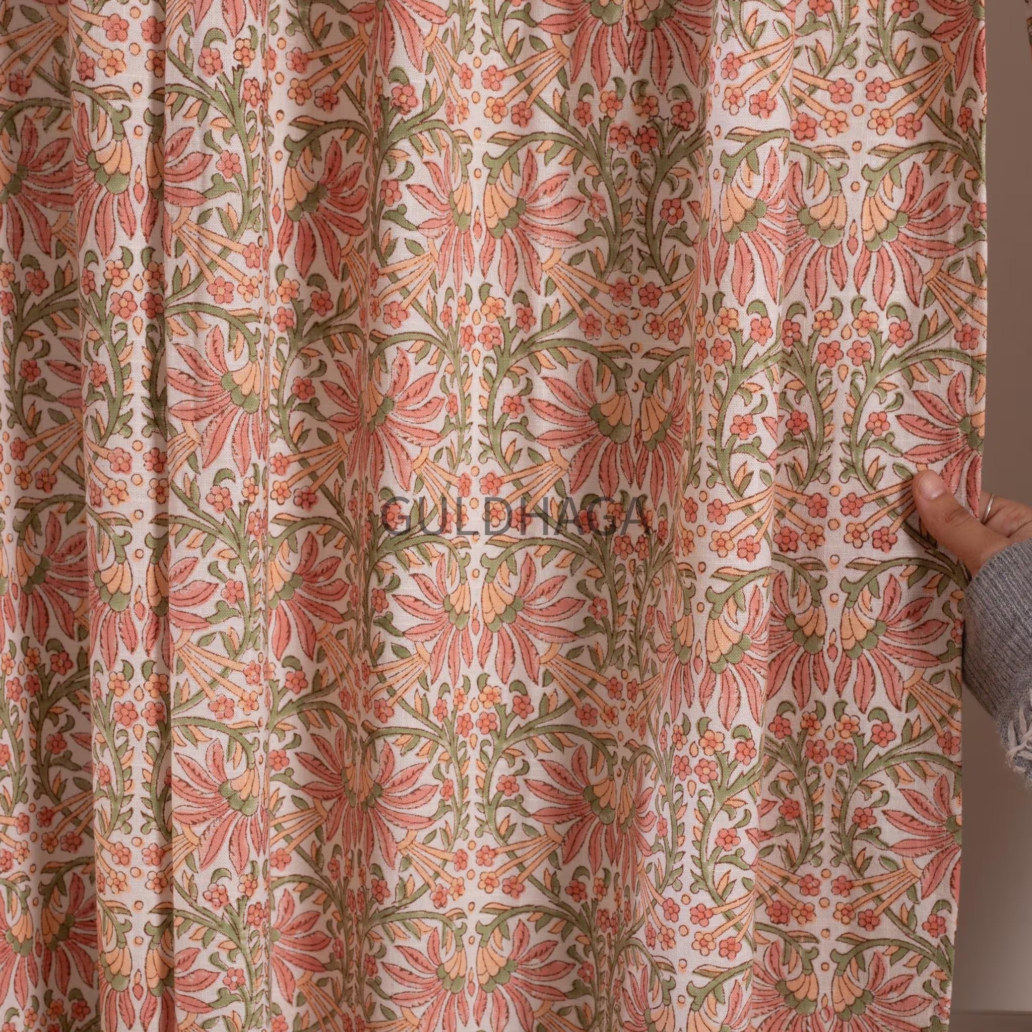 coral peach slub Curtain, Heavy Weight Hand block printed Semi Blackout Bedroom Curtain, Boho Curtains, window treatment, farmhouse curtain