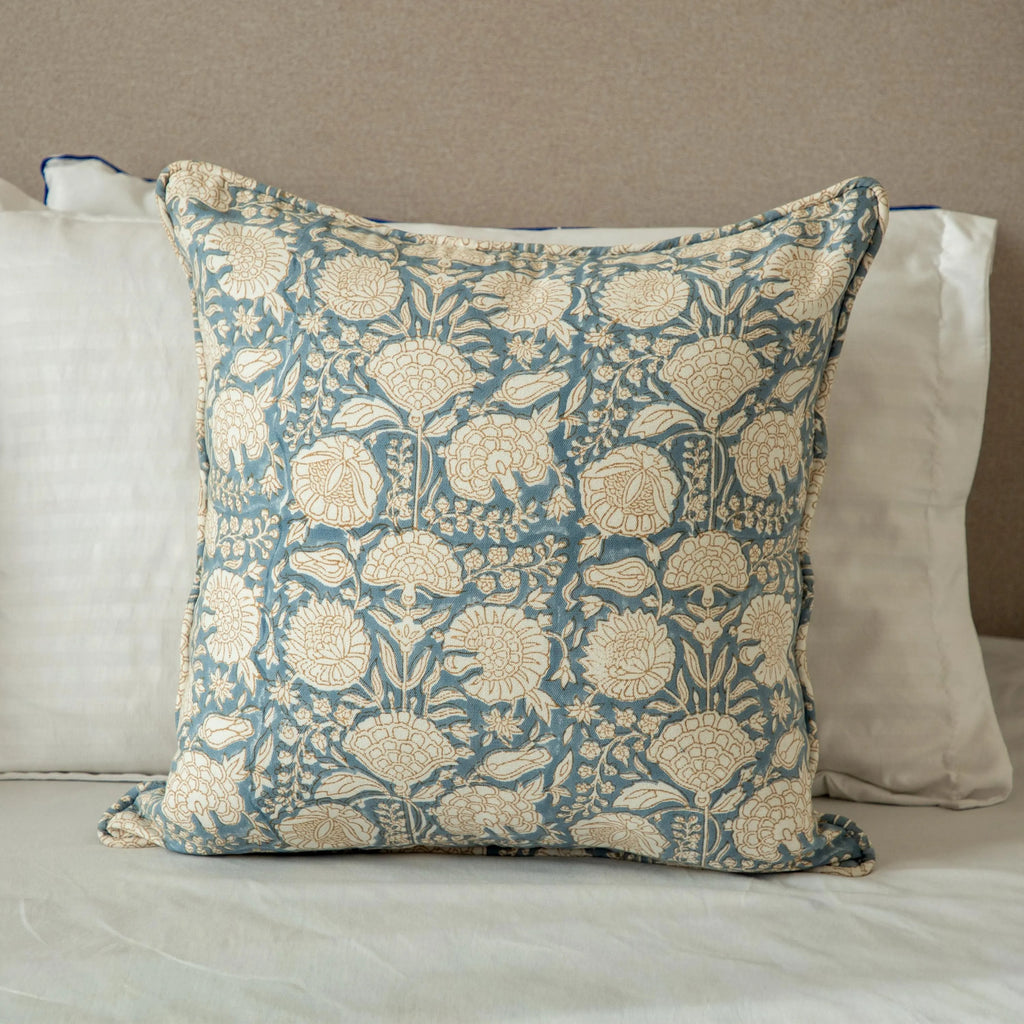 Floral Block Print Pillow Cover, Blue Terra Cotta Cotton, Boho Throw Pillow
