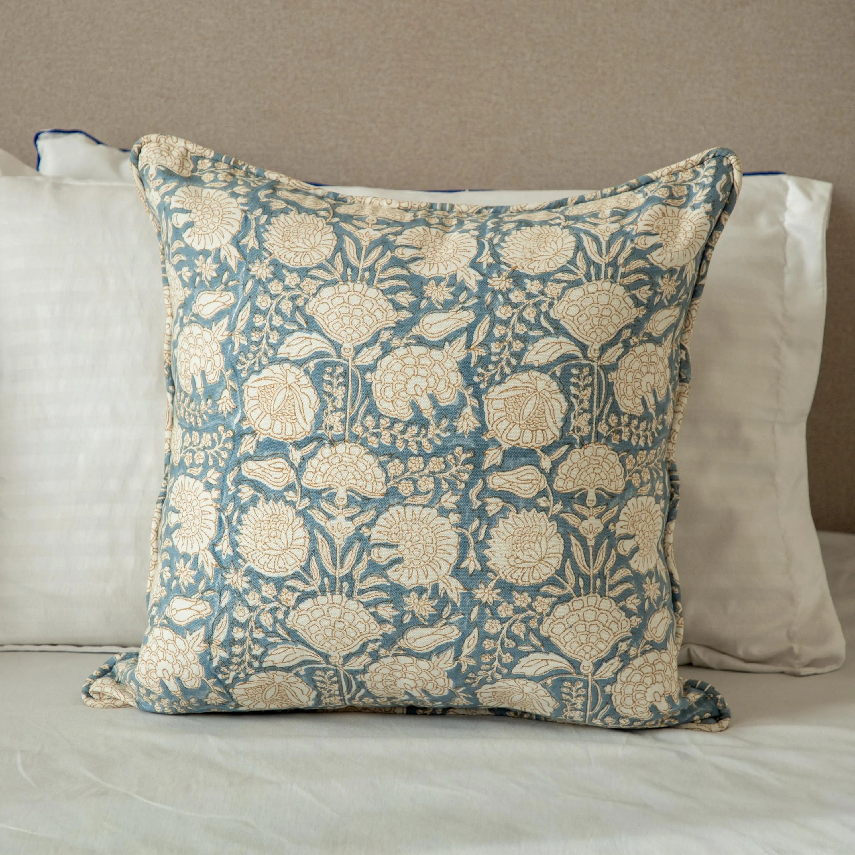Floral Block Print Pillow Cover, Blue Terra Cotta Cotton, Boho Throw Pillow