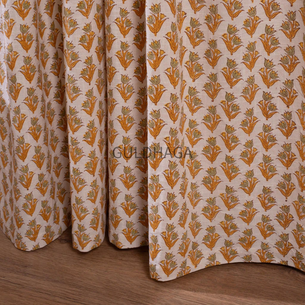 Marigold yellow Boho Cotton Curtain Panels, India Block Print Panel, Curtains for kids room bedroom curtain, window treatment sheer drapes