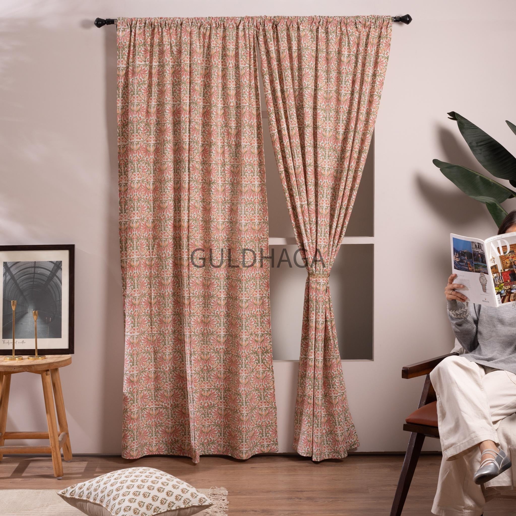 coral peach slub Curtain, Heavy Weight Hand block printed Semi Blackout Bedroom Curtain, Boho Curtains, window treatment, farmhouse curtain