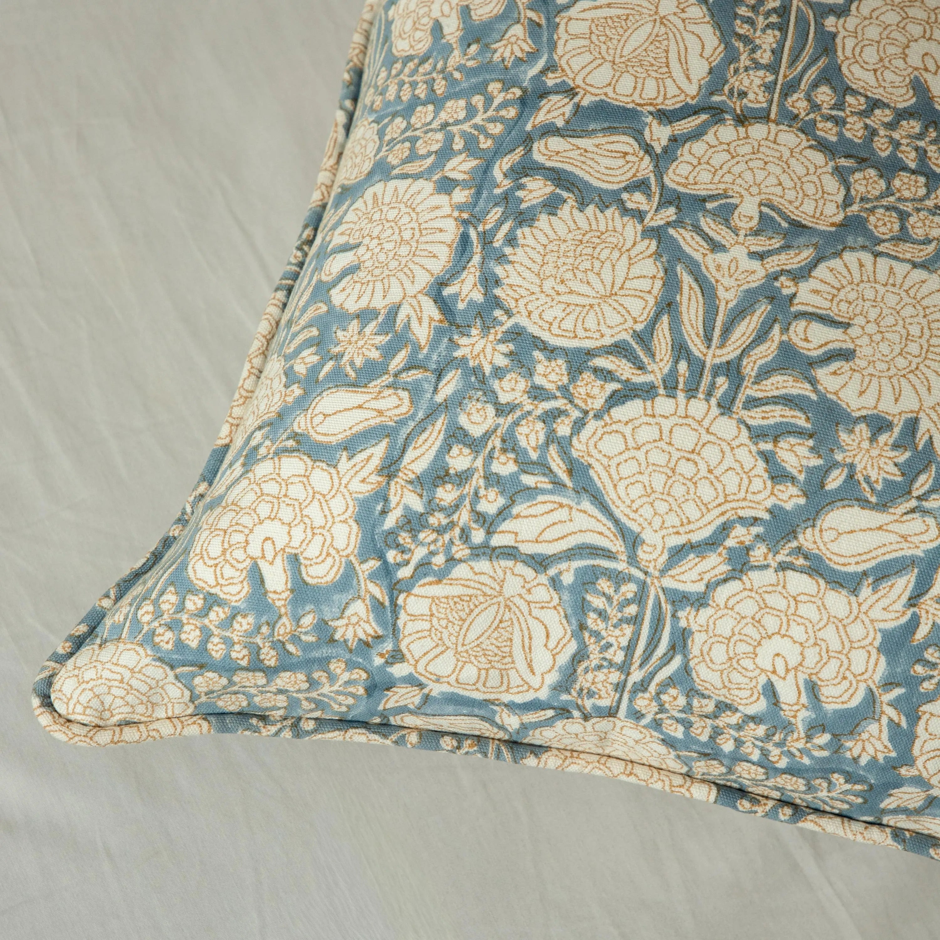 Floral Block Print Pillow Cover, Blue Terra Cotta Cotton, Boho Throw Pillow